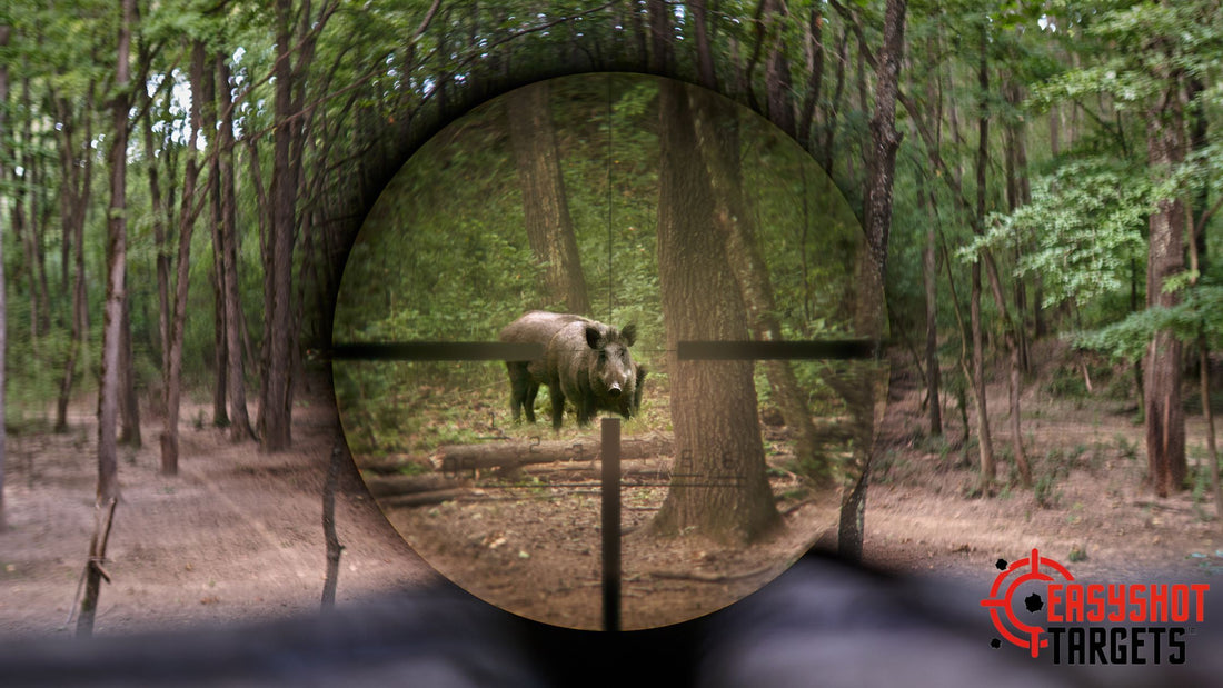 A scope pointing towards a rhino in the bush