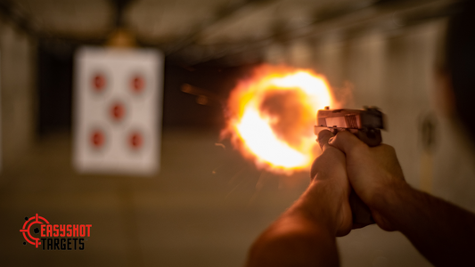Gun fire while shooting on target in shooting range 