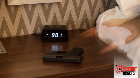 pistol on bed side table next to clock