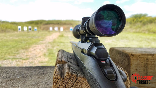 A lady using a rifle to shoot at targets