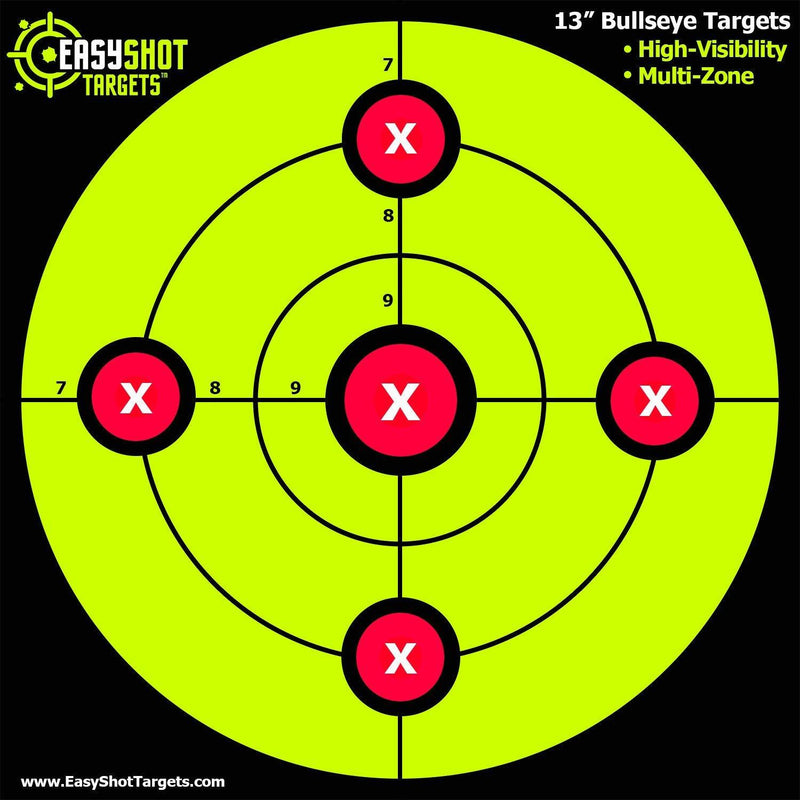100 PACK- 13" Bullseye Targets Fluorescent Green - “Super-Saver” Bundle - Large 13 X 13” Maximum Visibility Bullseye Sight-in Targets for Shooting - Fluorescent Orange, Bright and Colorful - Easy to See Your Shots - EasyShot Targets